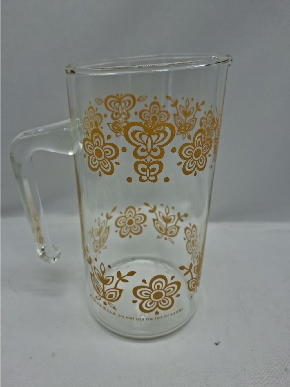 Vintage Pyrex Butterfly Flower Gold Glass Pitcher/Carafe Handle, 1 Qt?